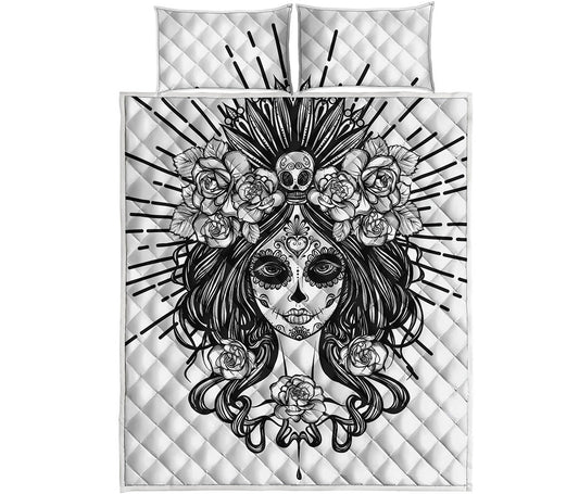 Black And White Calavera Girl Print Quilt Bed Set