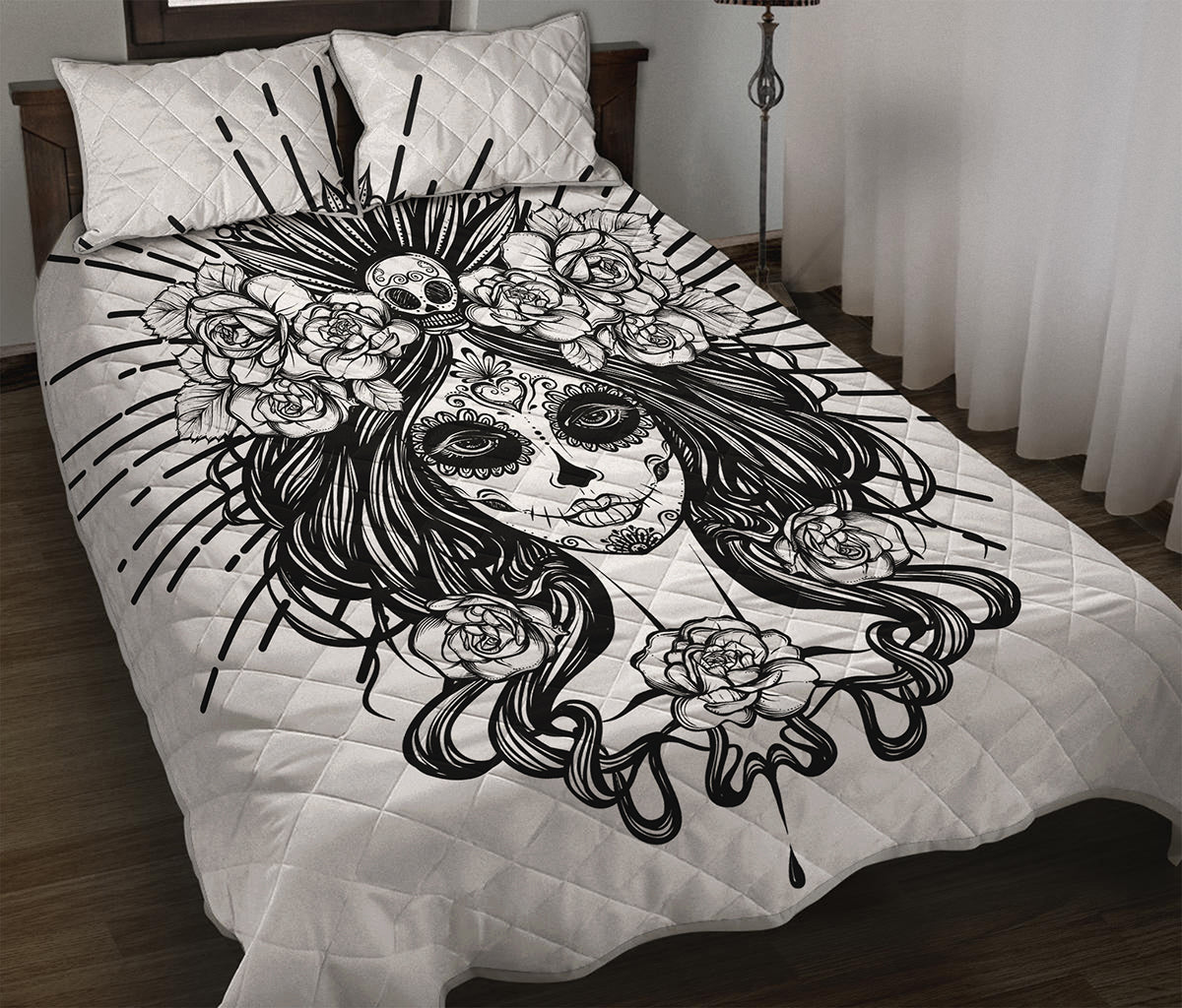 Black And White Calavera Girl Print Quilt Bed Set
