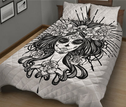 Black And White Calavera Girl Print Quilt Bed Set