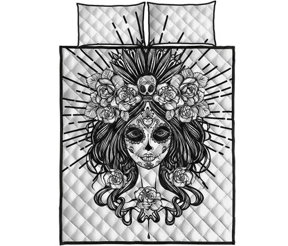 Black And White Calavera Girl Print Quilt Bed Set