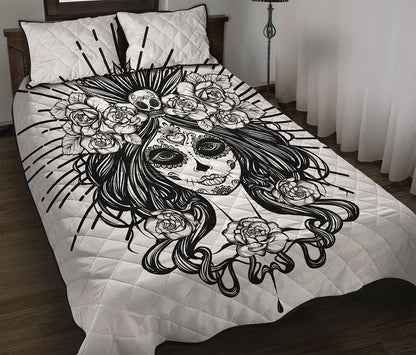 Black And White Calavera Girl Print Quilt Bed Set