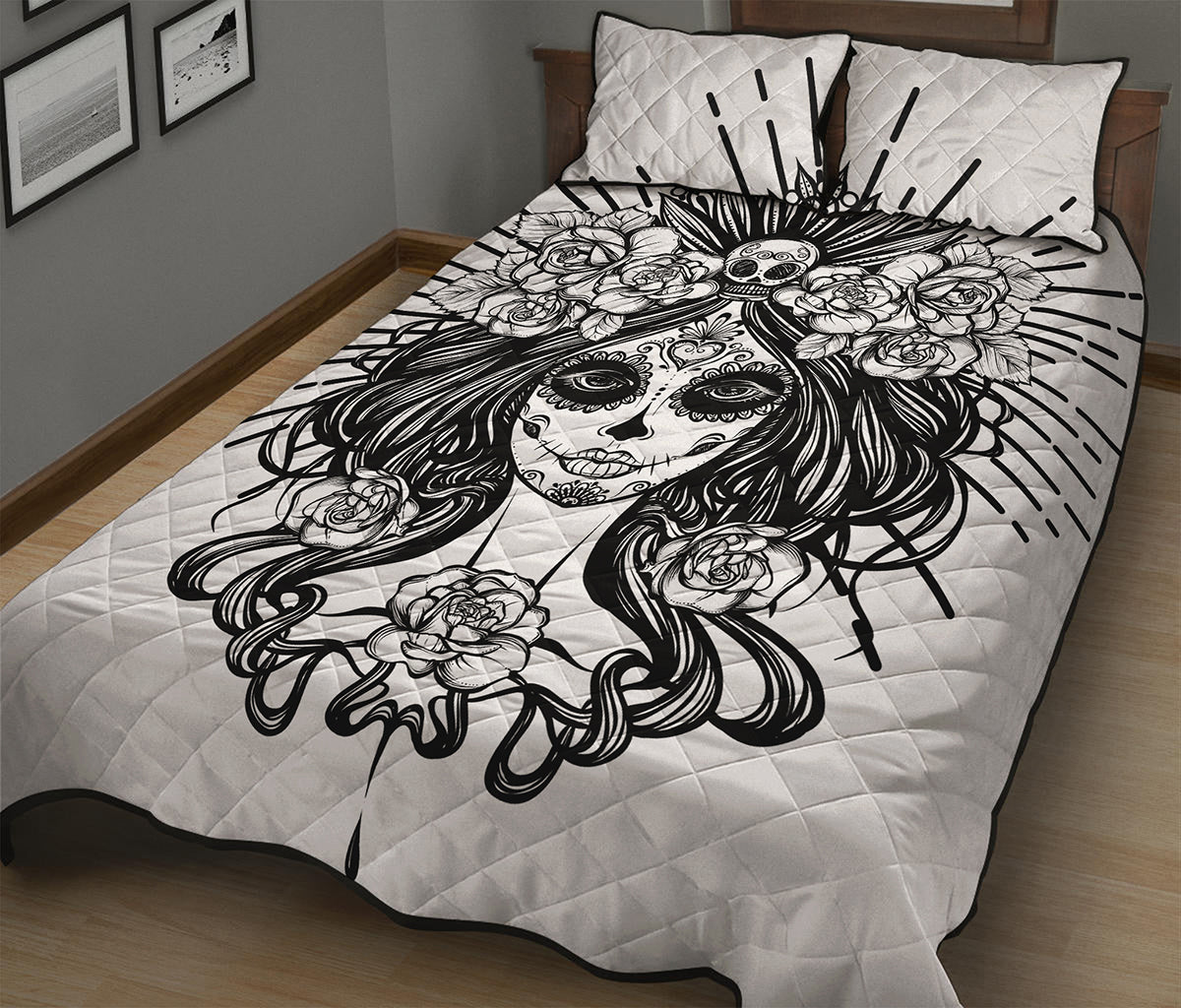 Black And White Calavera Girl Print Quilt Bed Set