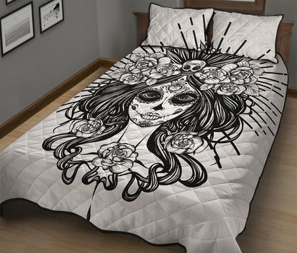Black And White Calavera Girl Print Quilt Bed Set
