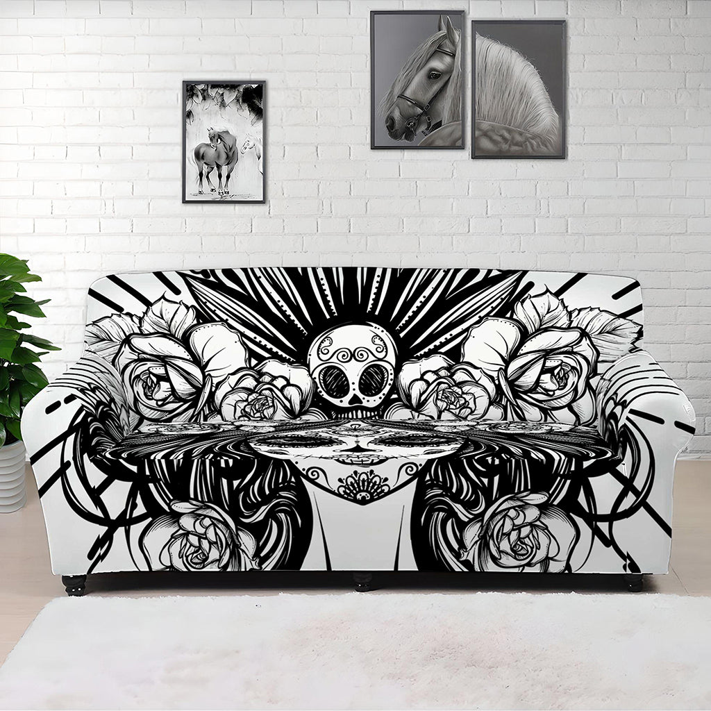 Black And White Calavera Girl Print Sofa Cover