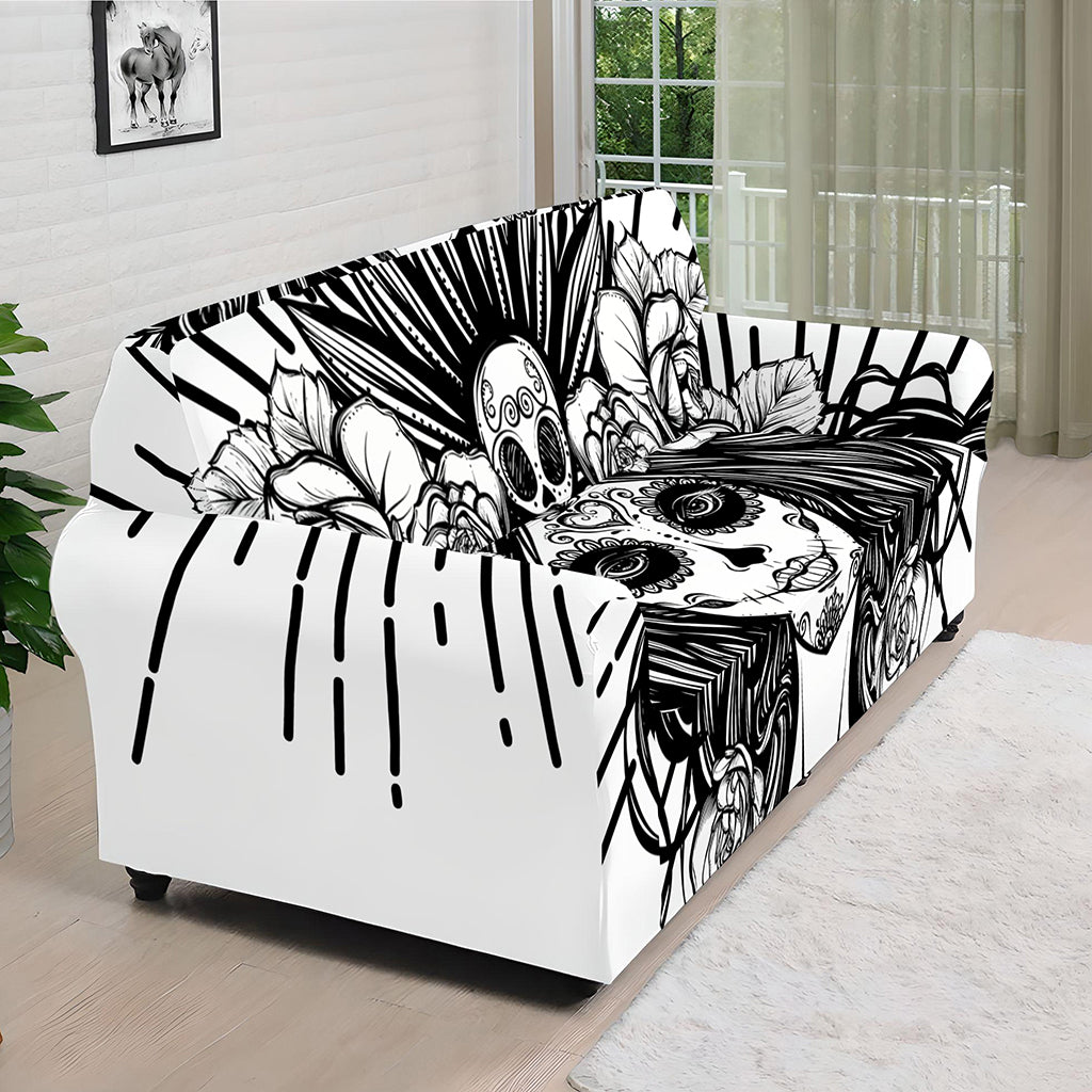 Black And White Calavera Girl Print Sofa Cover