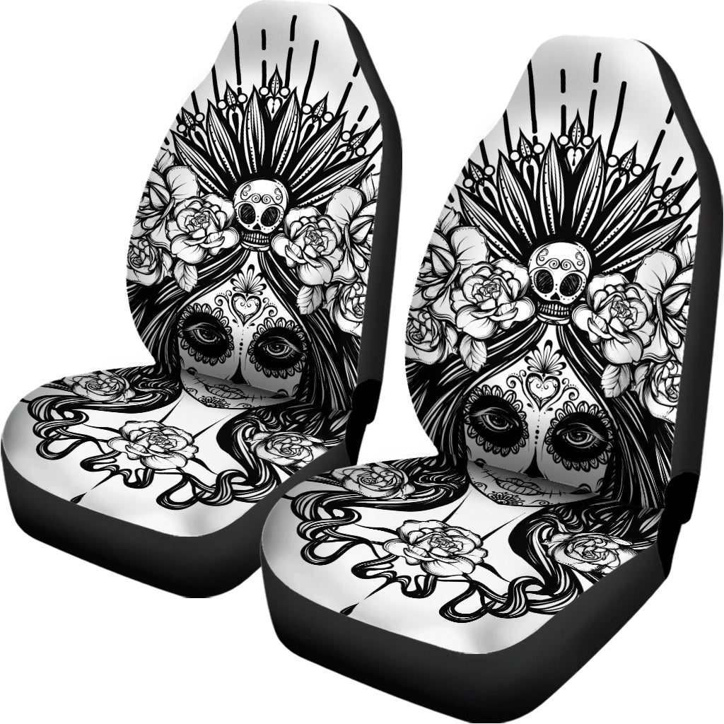 Black And White Calavera Girl Print Universal Fit Car Seat Covers
