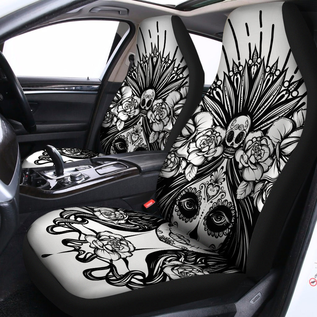 Black And White Calavera Girl Print Universal Fit Car Seat Covers