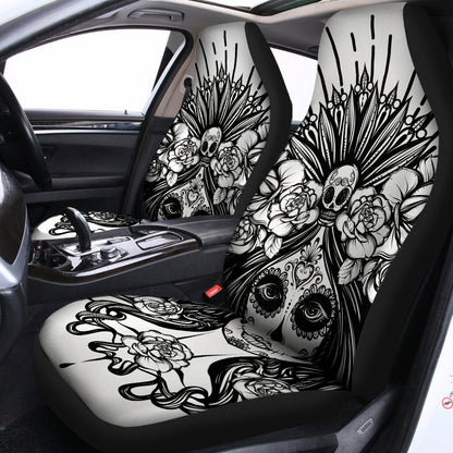 Black And White Calavera Girl Print Universal Fit Car Seat Covers