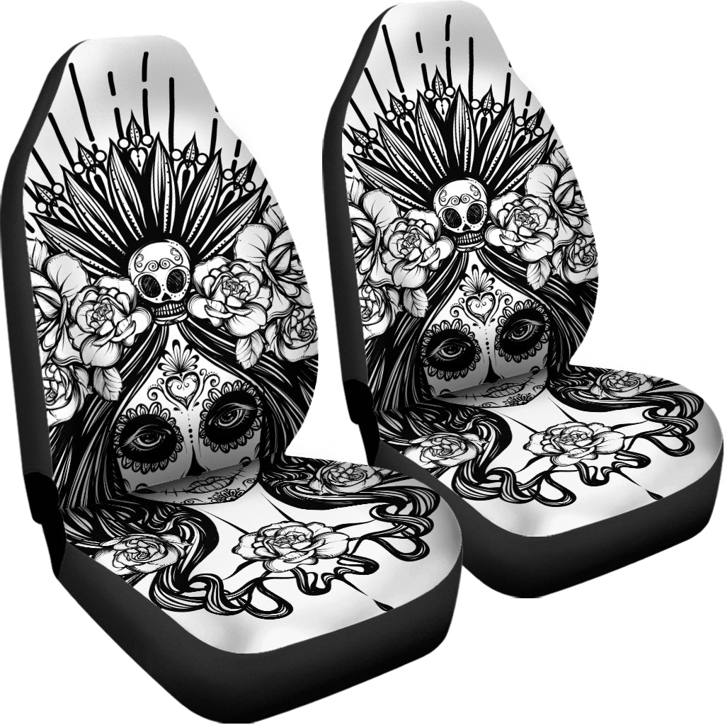 Black And White Calavera Girl Print Universal Fit Car Seat Covers