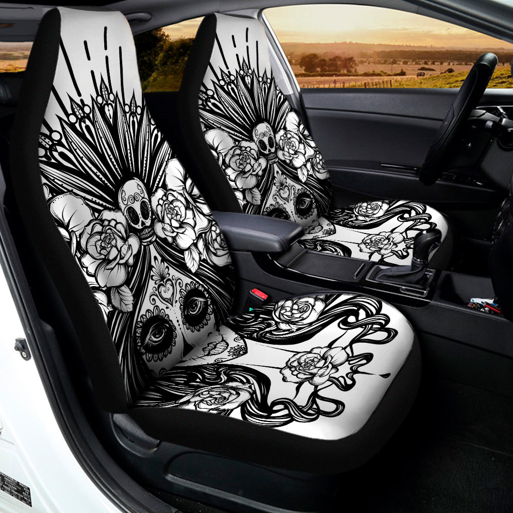 Black And White Calavera Girl Print Universal Fit Car Seat Covers