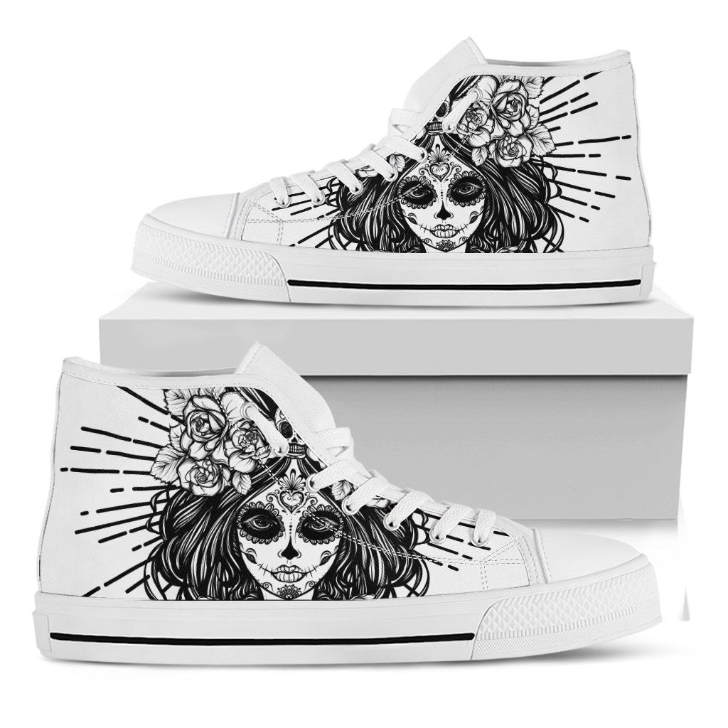 Black And White Calavera Girl Print White High Top Shoes