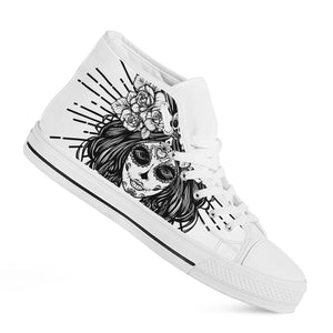 Black And White Calavera Girl Print White High Top Shoes