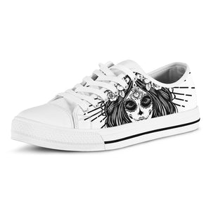 Black And White Calavera Girl Print White Low Top Shoes