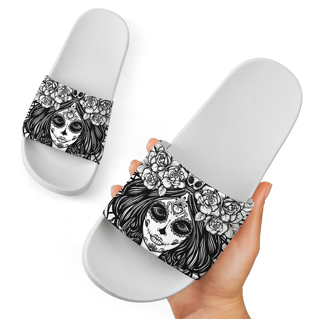 Black And White Calavera Girl Print White Slide Sandals