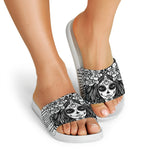 Black And White Calavera Girl Print White Slide Sandals