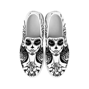 Black And White Calavera Girl Print White Slip On Shoes