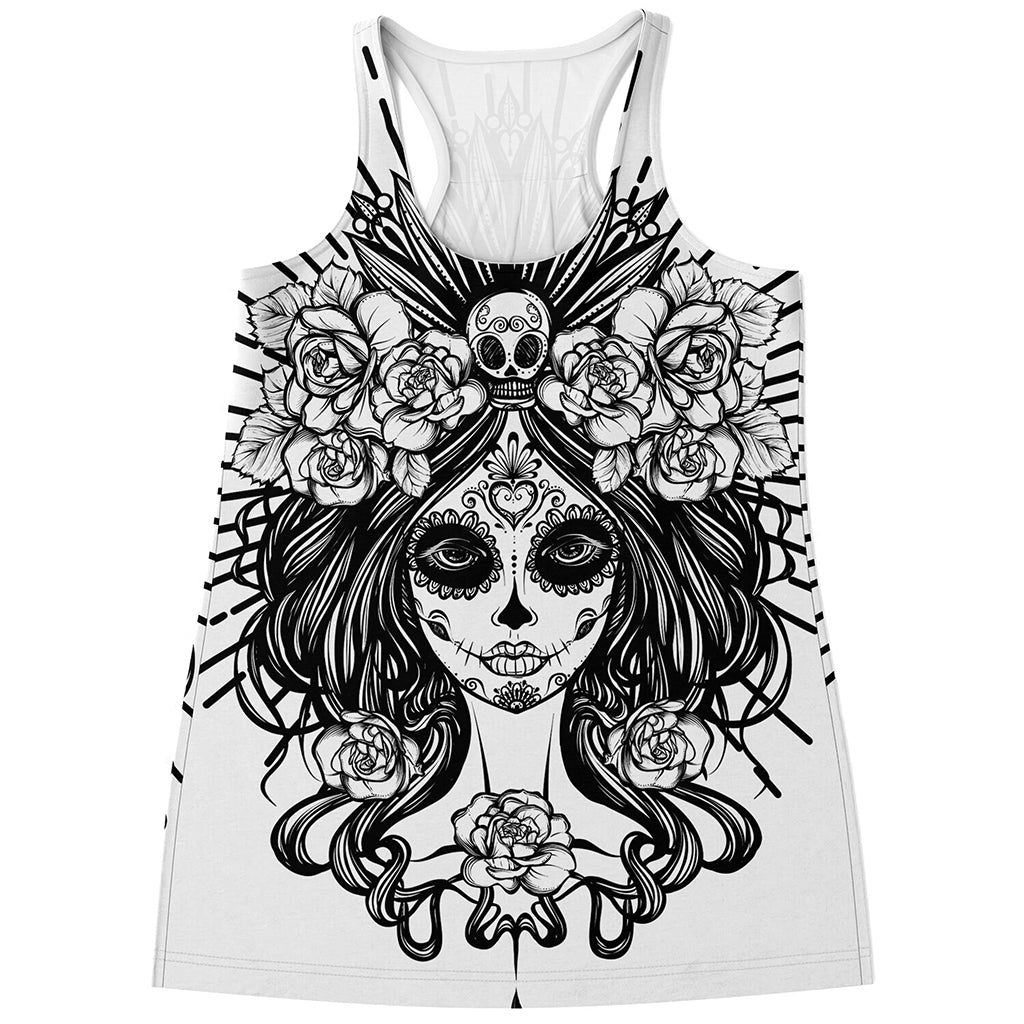 Black And White Calavera Girl Print Women's Racerback Tank Top