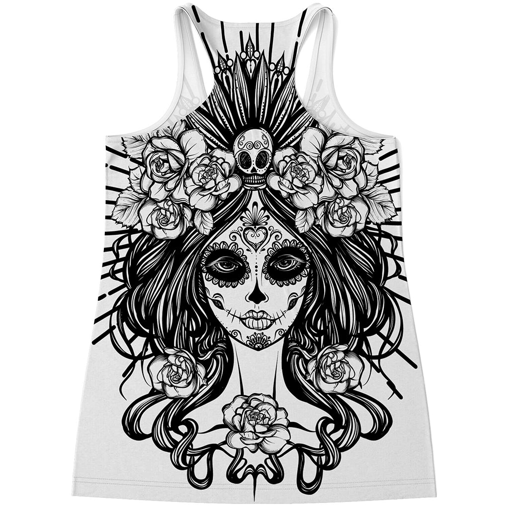 Black And White Calavera Girl Print Women's Racerback Tank Top