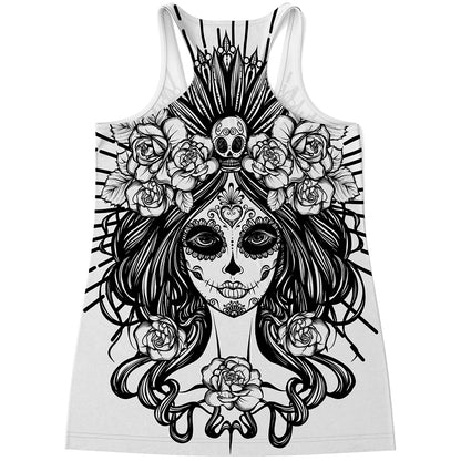 Black And White Calavera Girl Print Women's Racerback Tank Top