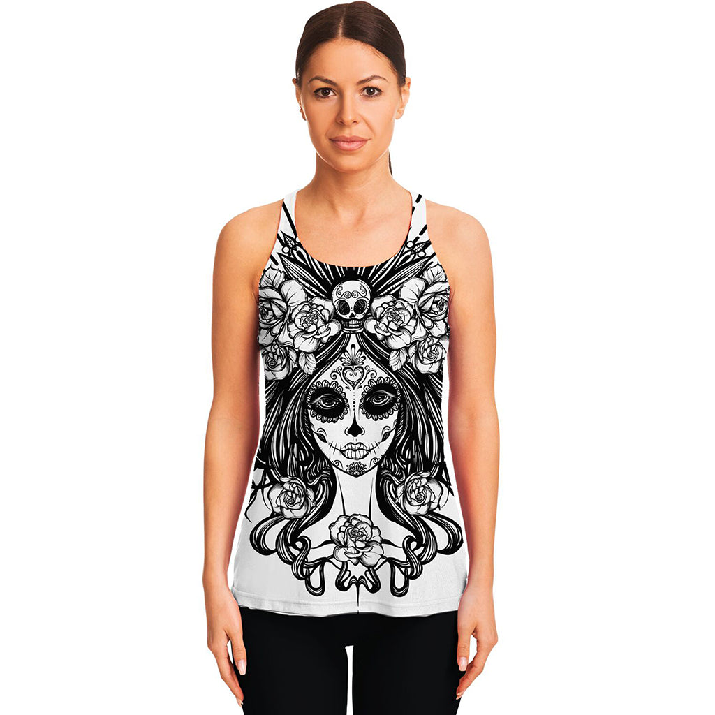 Black And White Calavera Girl Print Women's Racerback Tank Top