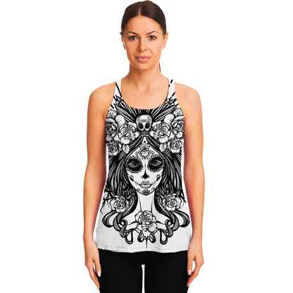 Black And White Calavera Girl Print Women's Racerback Tank Top