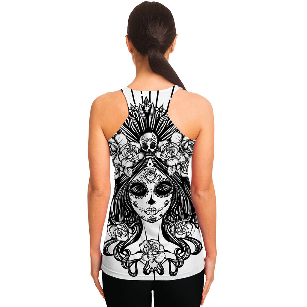 Black And White Calavera Girl Print Women's Racerback Tank Top