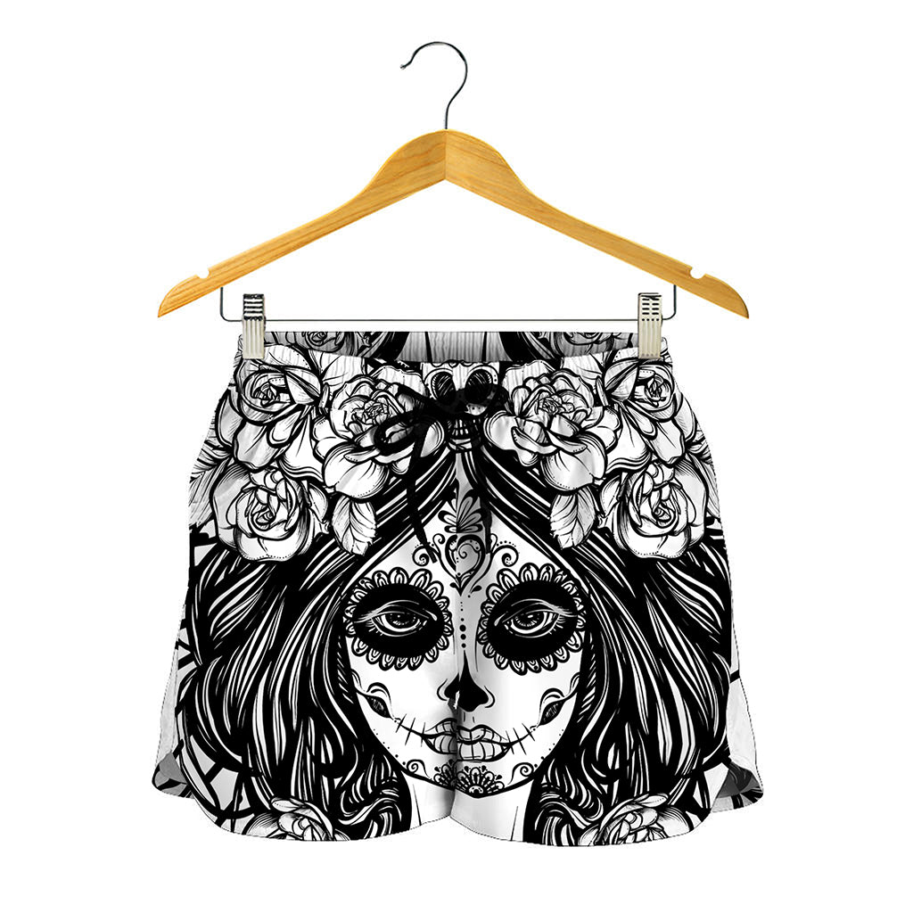 Black And White Calavera Girl Print Women's Shorts