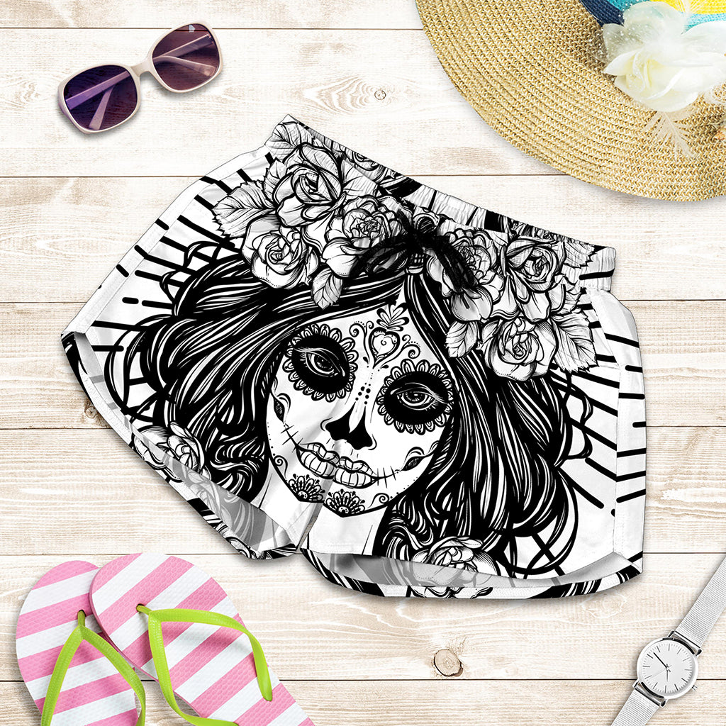 Black And White Calavera Girl Print Women's Shorts