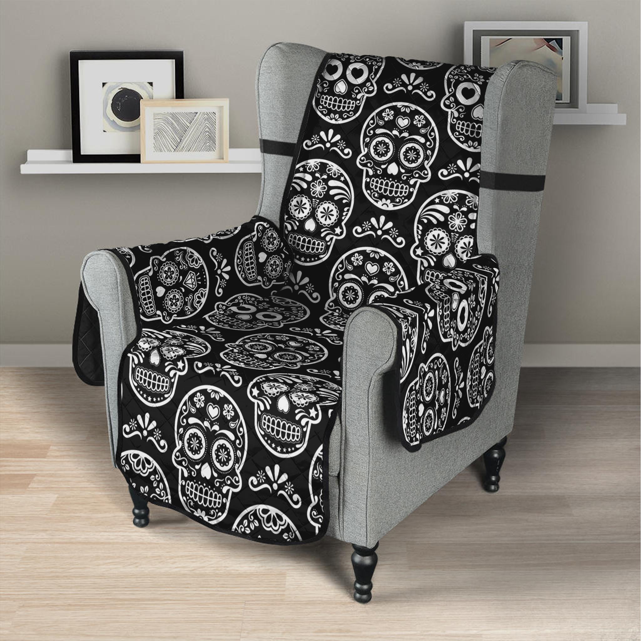 Black And White Calavera Skull Print Armchair Protector