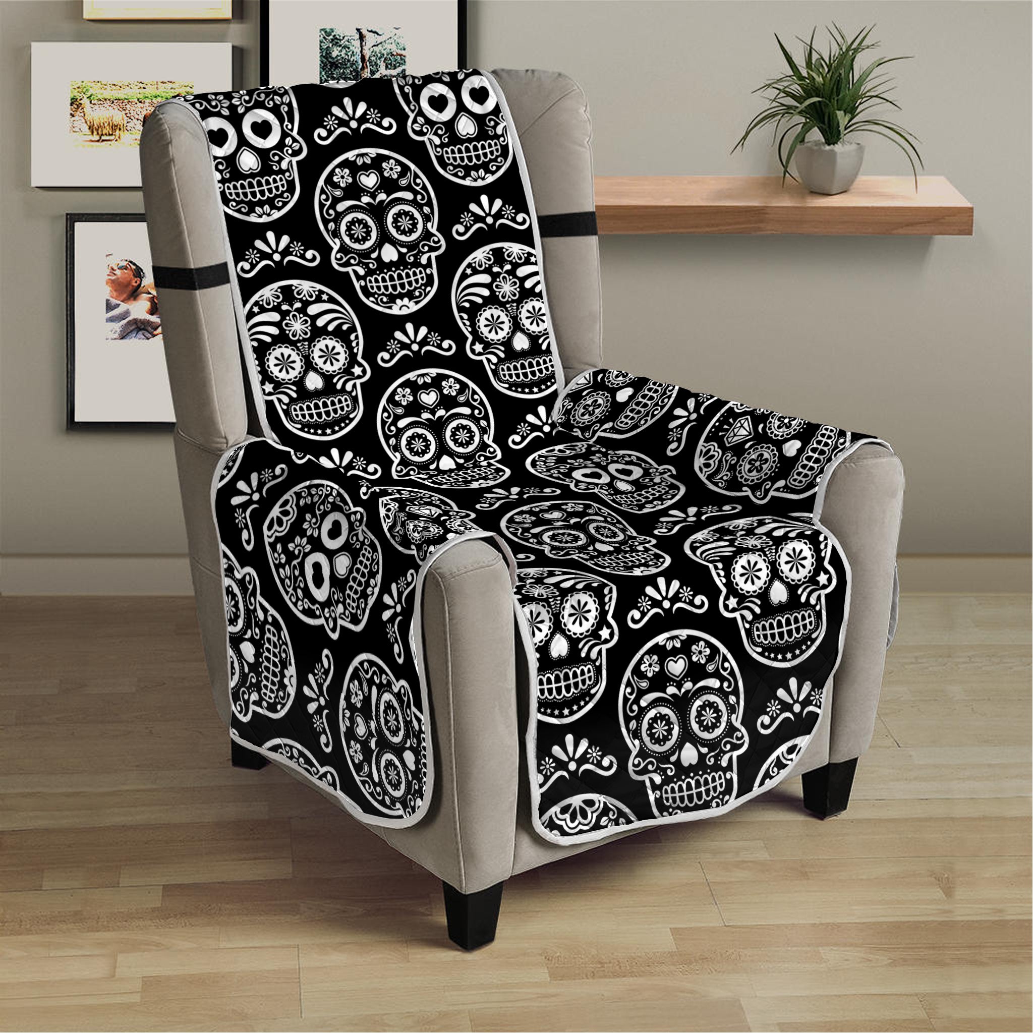 Black And White Calavera Skull Print Armchair Protector