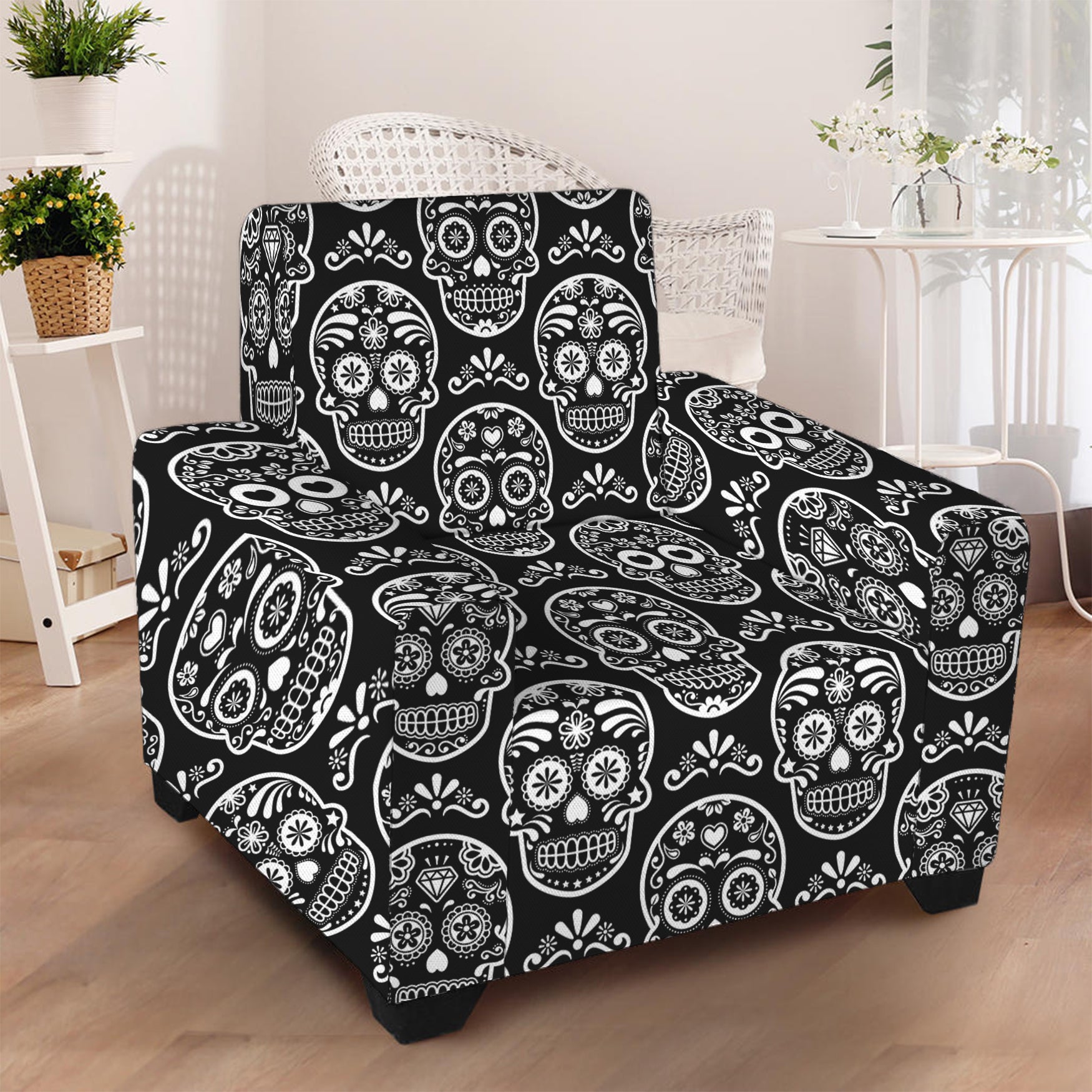 Black And White Calavera Skull Print Armchair Slipcover