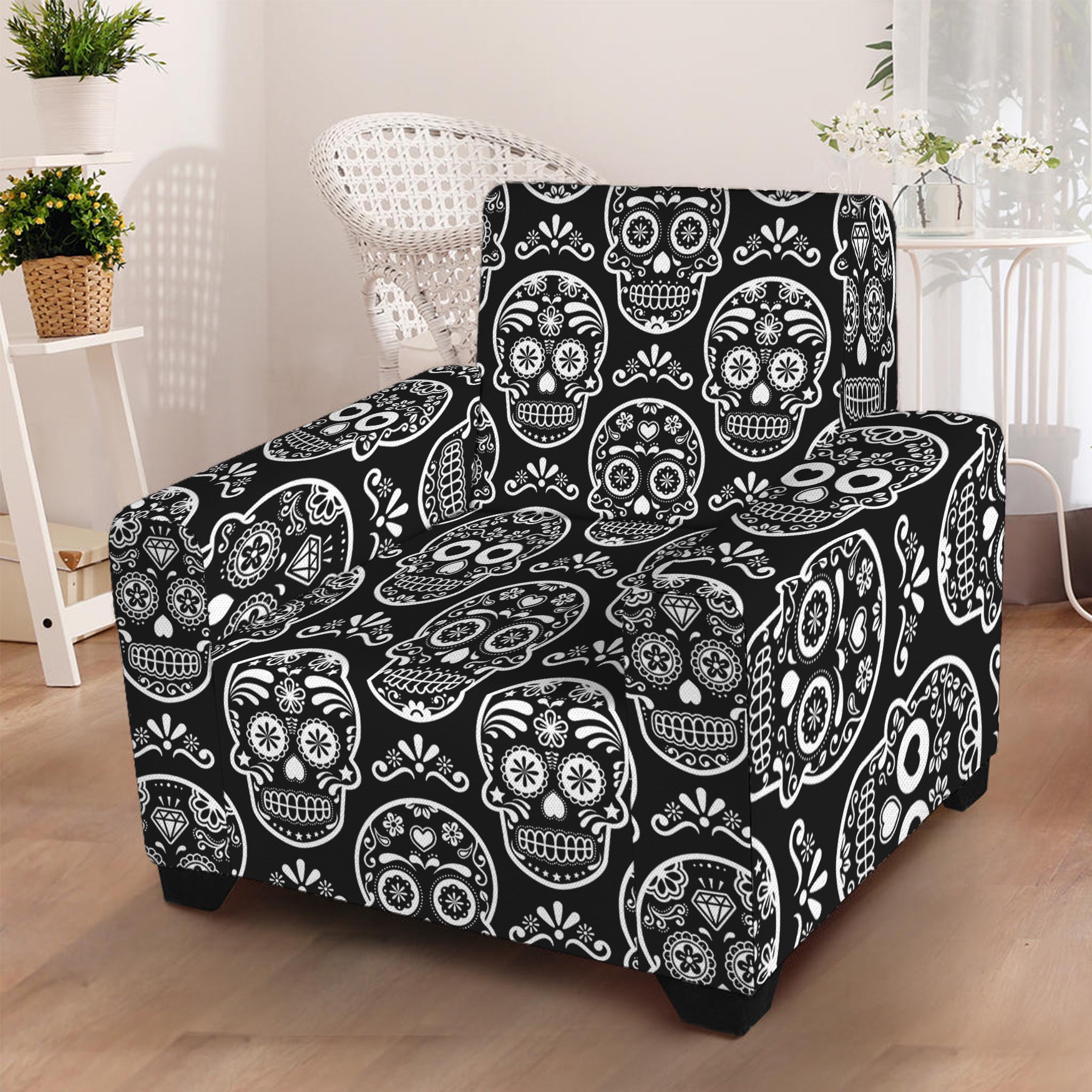 Black And White Calavera Skull Print Armchair Slipcover