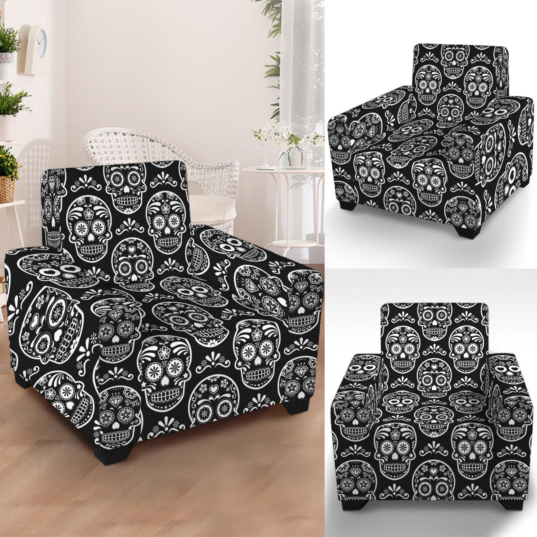 Black And White Calavera Skull Print Armchair Slipcover