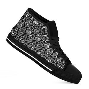 Black And White Calavera Skull Print Black High Top Shoes