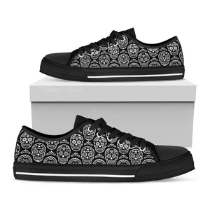 Black And White Calavera Skull Print Black Low Top Shoes