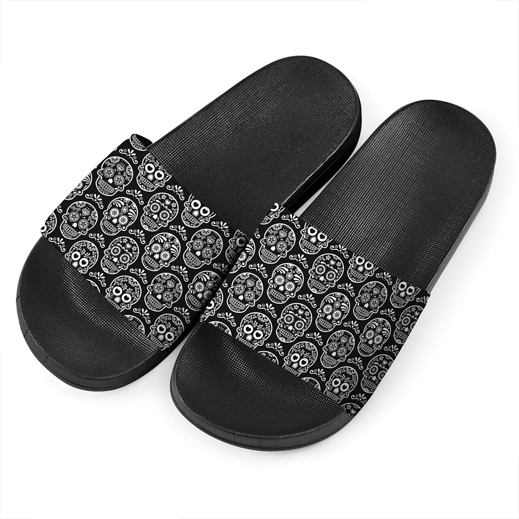 Black And White Calavera Skull Print Black Slide Sandals