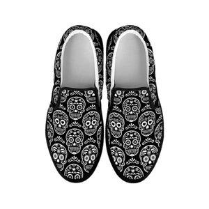 Black And White Calavera Skull Print Black Slip On Shoes