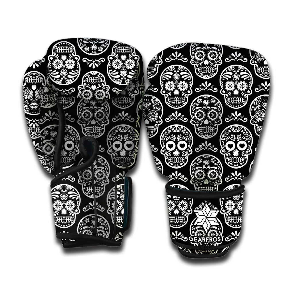 Black And White Calavera Skull Print Boxing Gloves