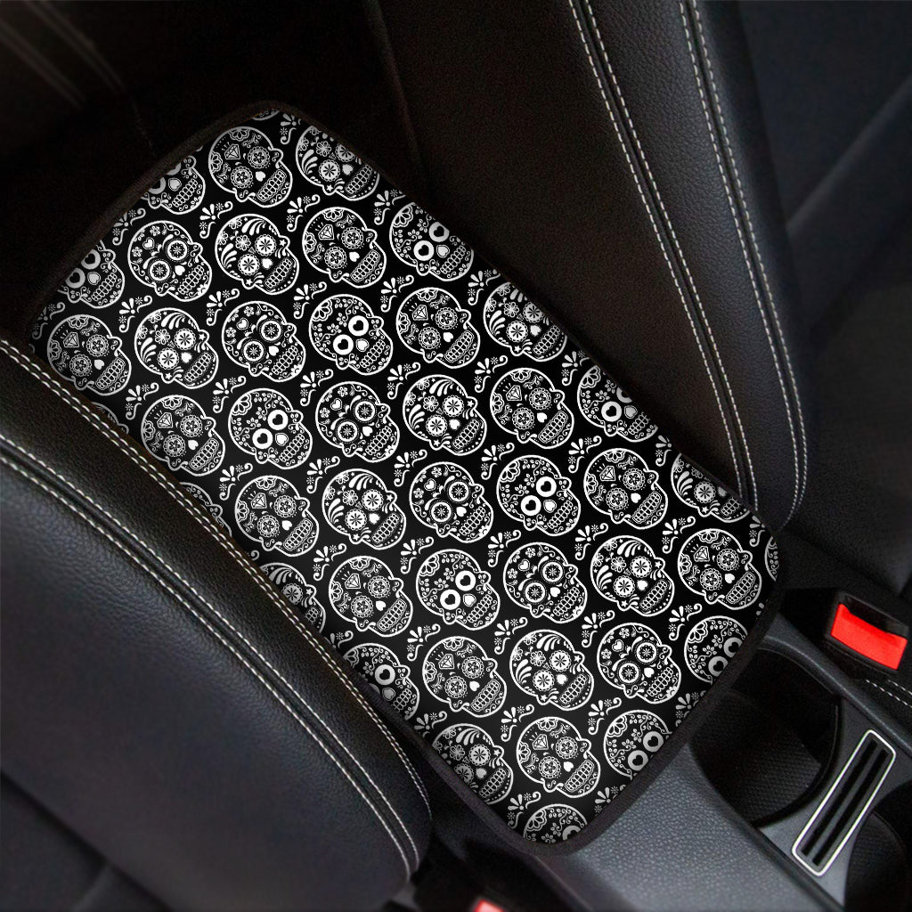 Black And White Calavera Skull Print Car Center Console Cover