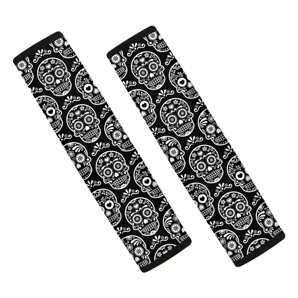 Black And White Calavera Skull Print Car Seat Belt Covers