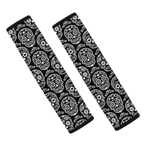 Black And White Calavera Skull Print Car Seat Belt Covers