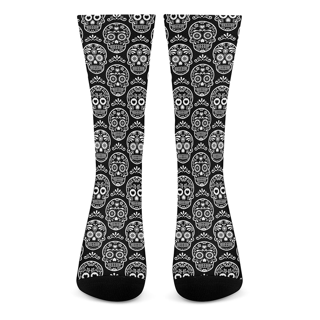 Black And White Calavera Skull Print Crew Socks