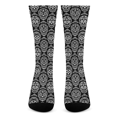 Black And White Calavera Skull Print Crew Socks