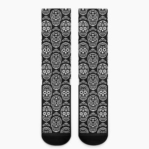 Black And White Calavera Skull Print Crew Socks