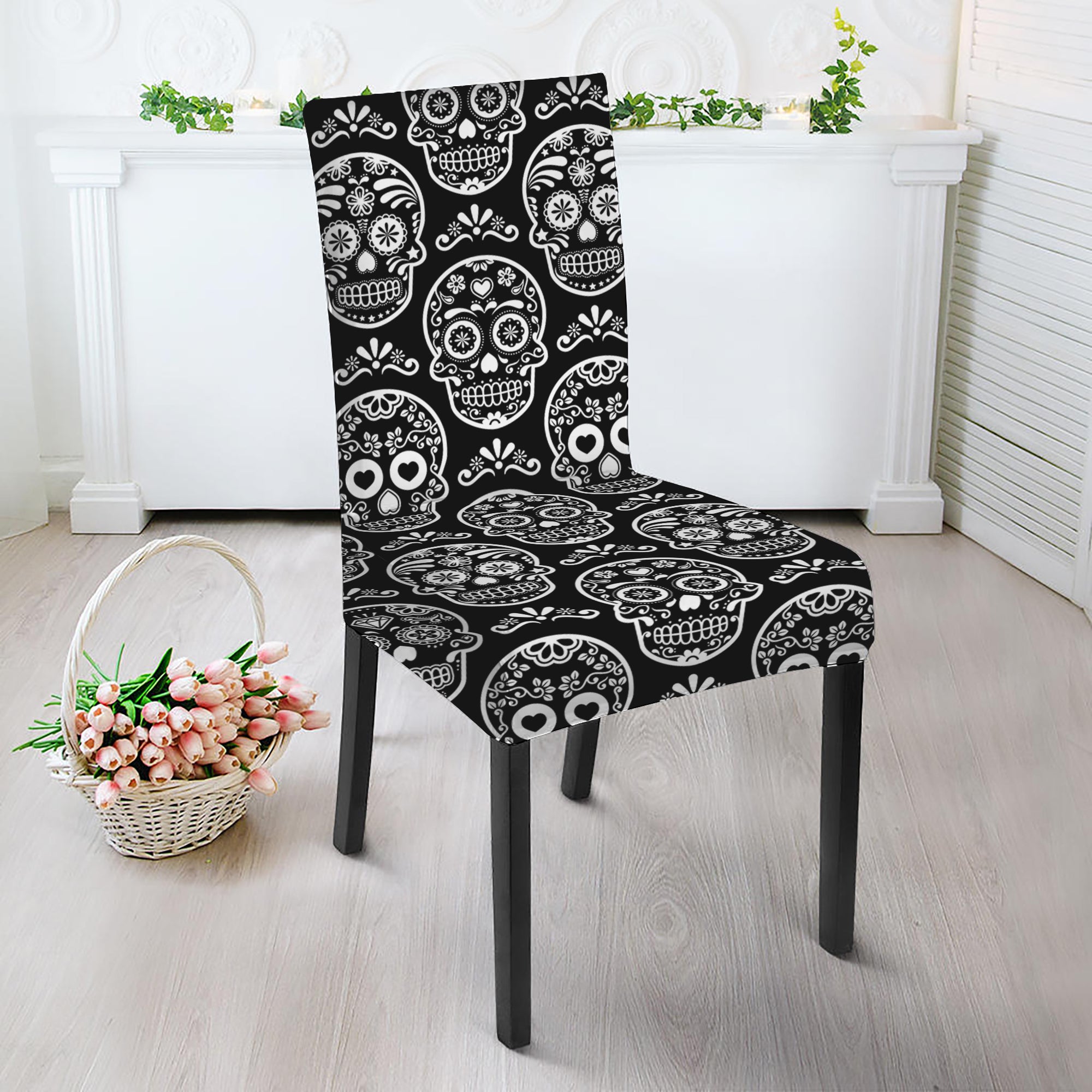 Black And White Calavera Skull Print Dining Chair Slipcover