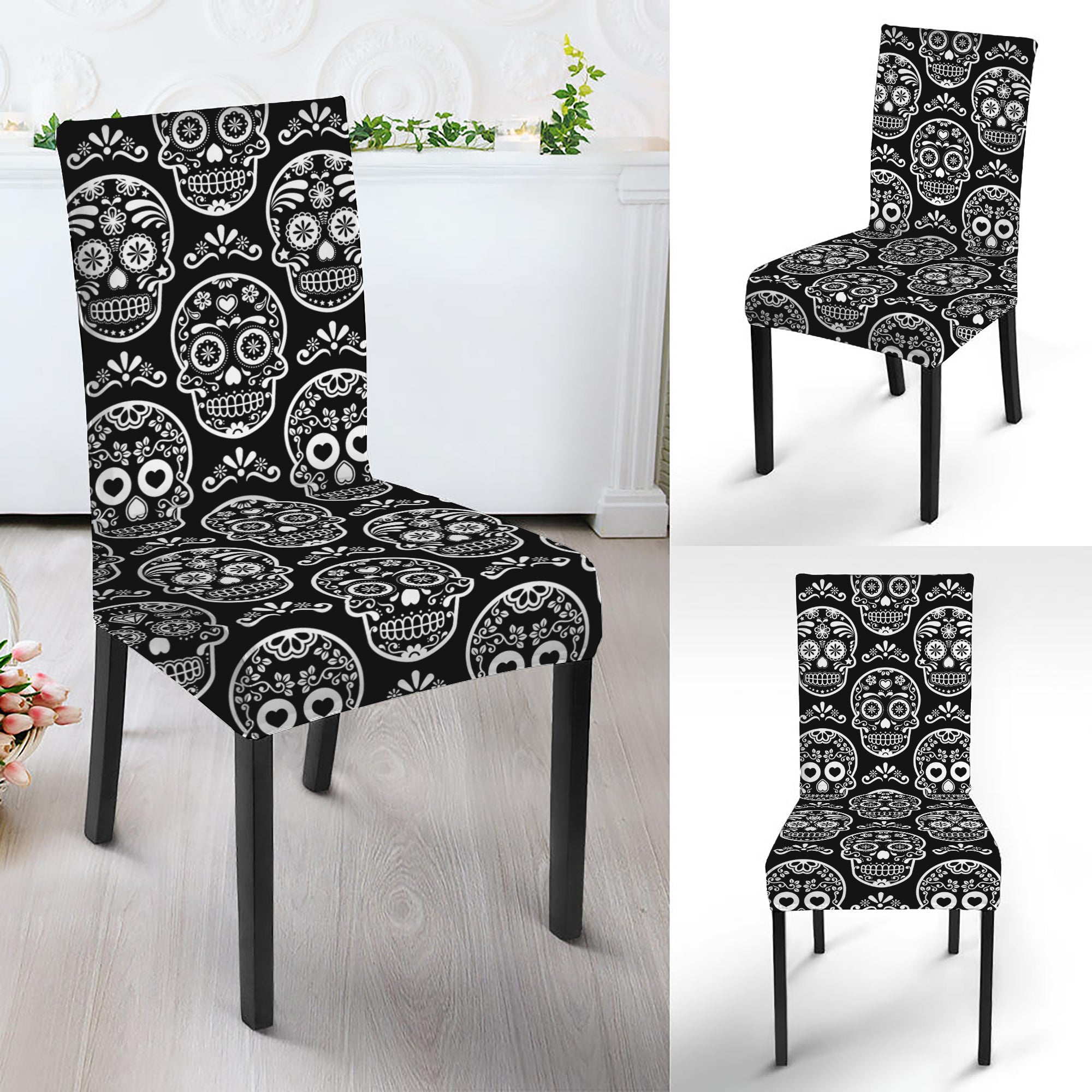 Black And White Calavera Skull Print Dining Chair Slipcover