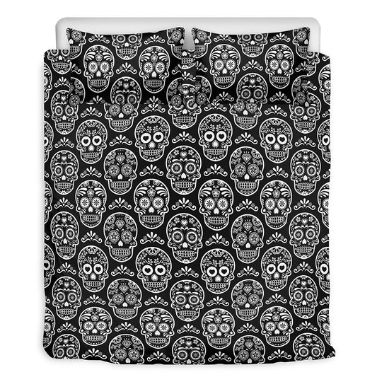 Black And White Calavera Skull Print Duvet Cover Bedding Set