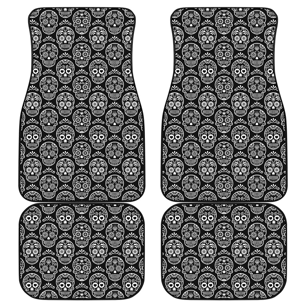 Black And White Calavera Skull Print Front and Back Car Floor Mats