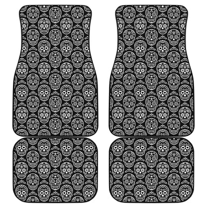 Black And White Calavera Skull Print Front and Back Car Floor Mats