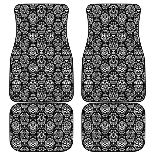 Black And White Calavera Skull Print Front and Back Car Floor Mats